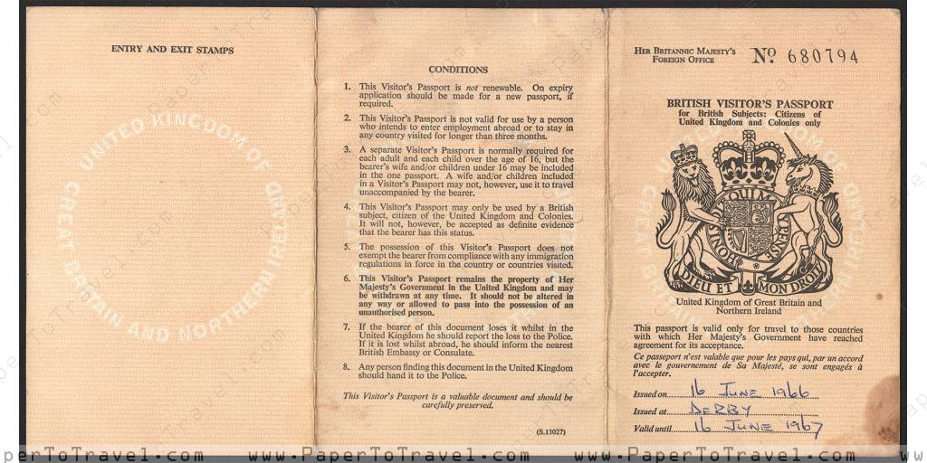 Unfolded Exterior United Kingdom British Visitor S Passport 1966 Husband And Wife