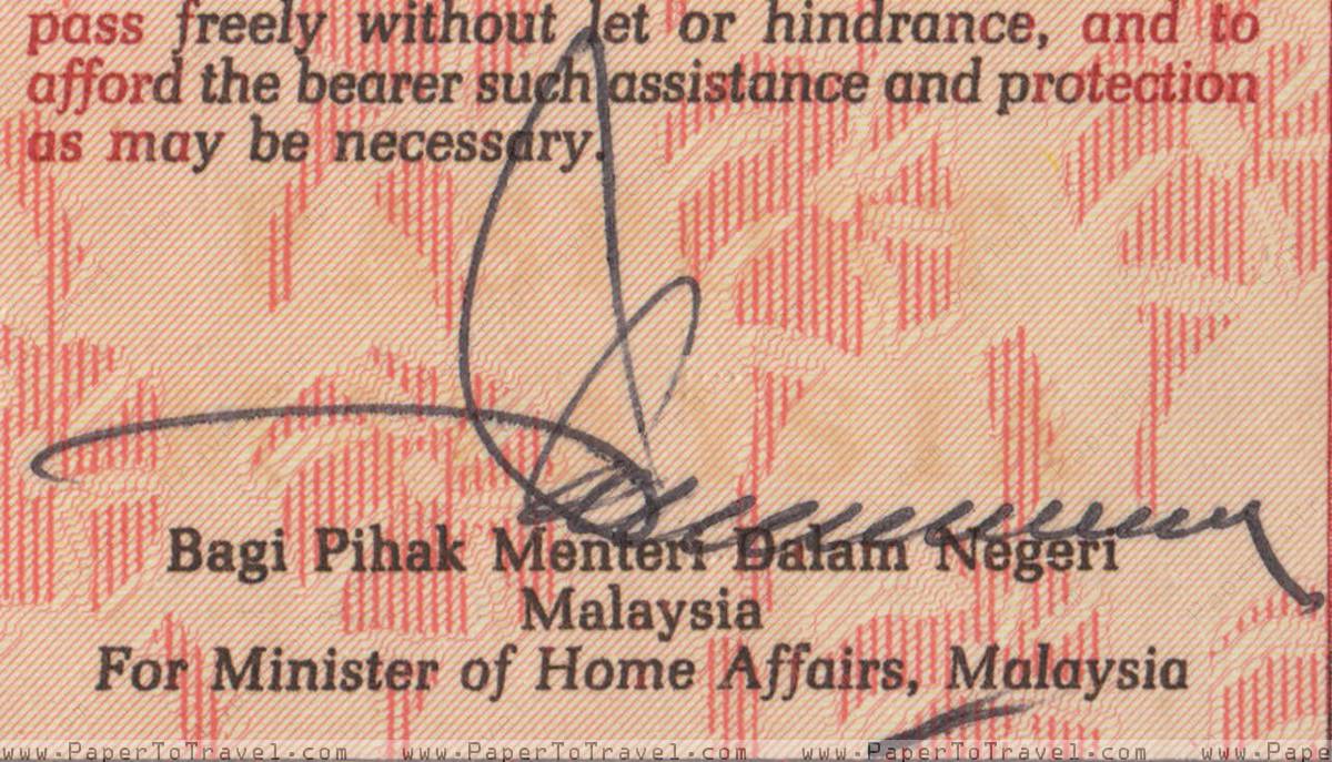 Signature On Behalf Of Minister Malaysia International Passport Model F Variety Ii 1991 1996
