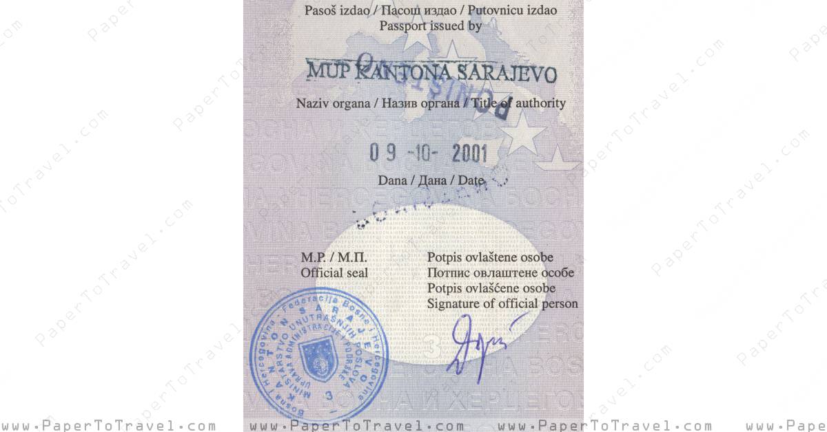 Issuing Authority Federation Of Bosnia And Herzegovina Passport — Series V 2001 — 2006 4482