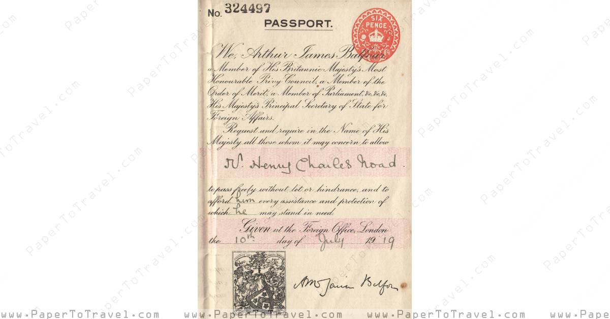 Diplomatic Request United Kingdom British Passport — Folded Sheet 1919 Arthur James Balfour 1403