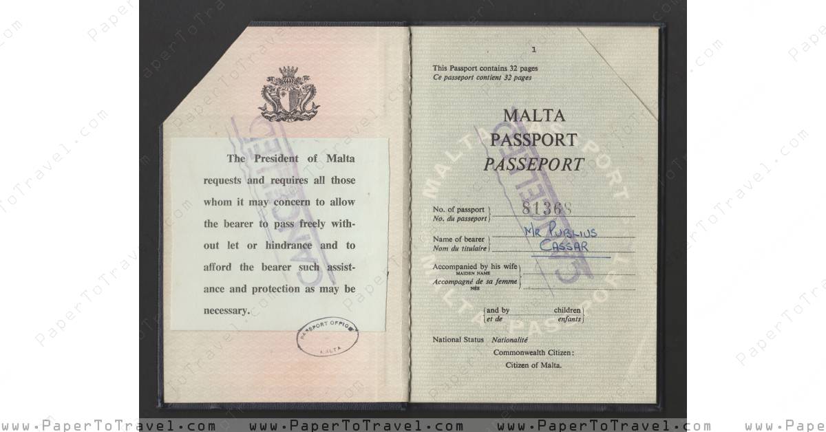 « Front Cover (Interior) & Page 1 » Republic of Malta : Passport (1973