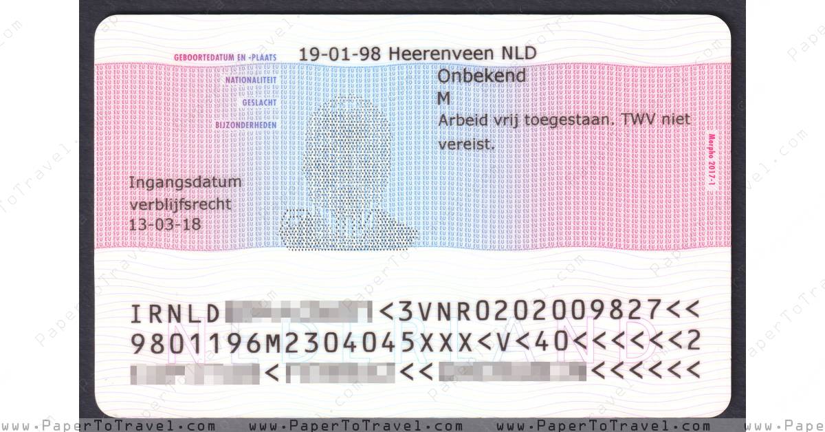 « Card Reverse » Netherlands : Dutch Residence Permit (2018 — 2023)