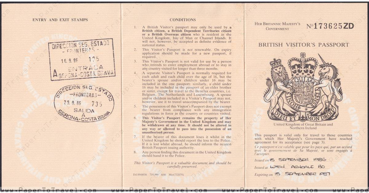 « Exterior » United Kingdom : British Visitor's Passport (1986)